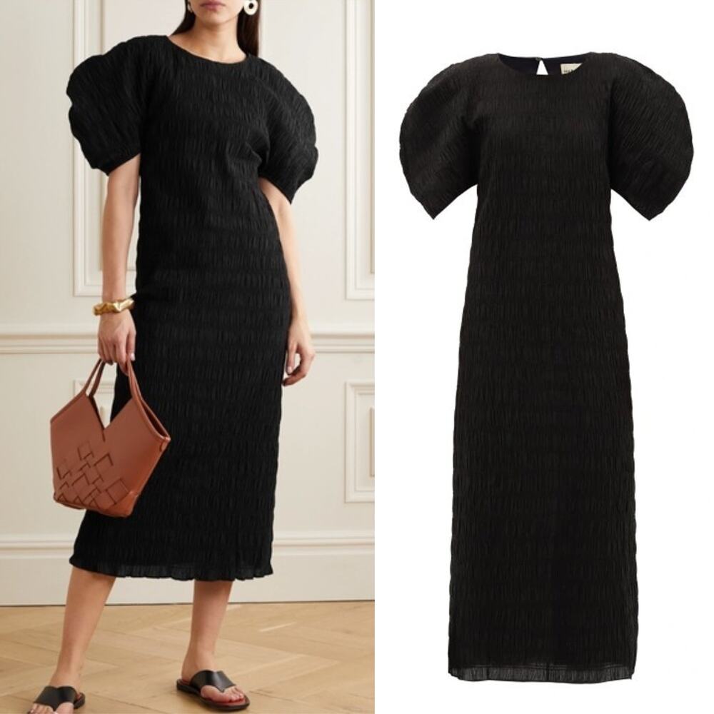 Mara Hoffman Black Textured Midi Dress with Statement Puff Sleeves